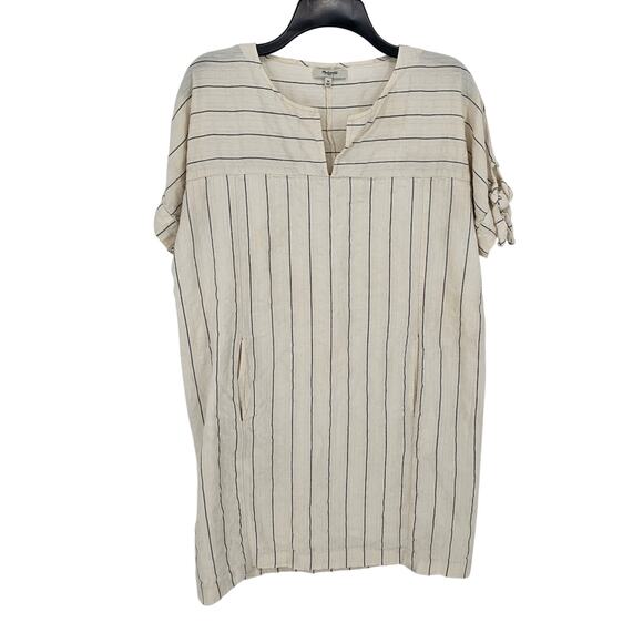 Madewell Cream Striped Tie Short Sleeve Woven Cotton Coastal Beach Boho Dress M - Picture 2 of 9